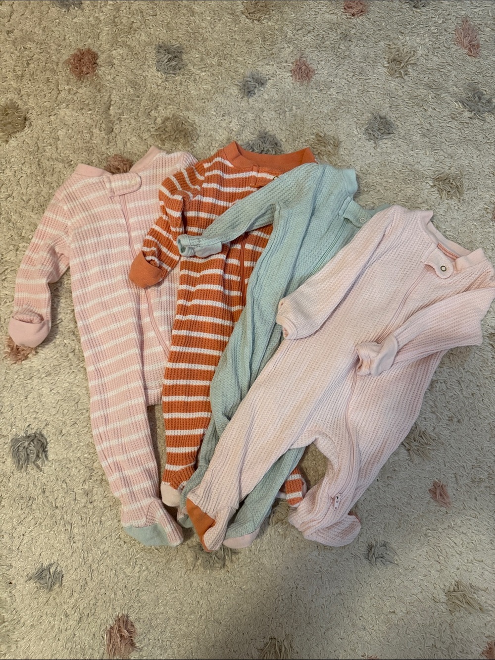 Cloud Island 4-Pack Kids Waffle Knit One-Pieces in Orange Stripe, Pink, and Mint